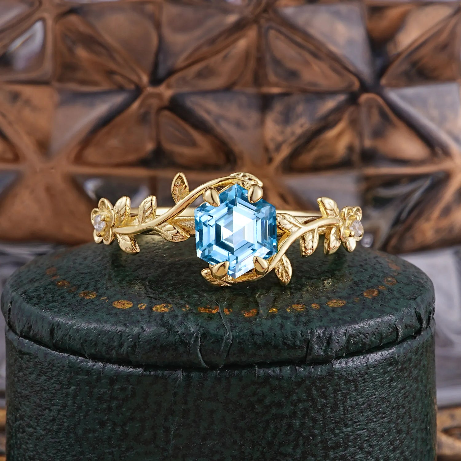 Nature-Inspired Vine-Wrapped 4-Prong Hexagon-Cut Aquamarine Engagement Ring