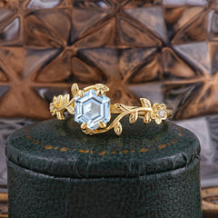 Nature-Inspired Vine-Wrapped 4-Prong Hexagon-Cut Aquamarine Engagement Ring