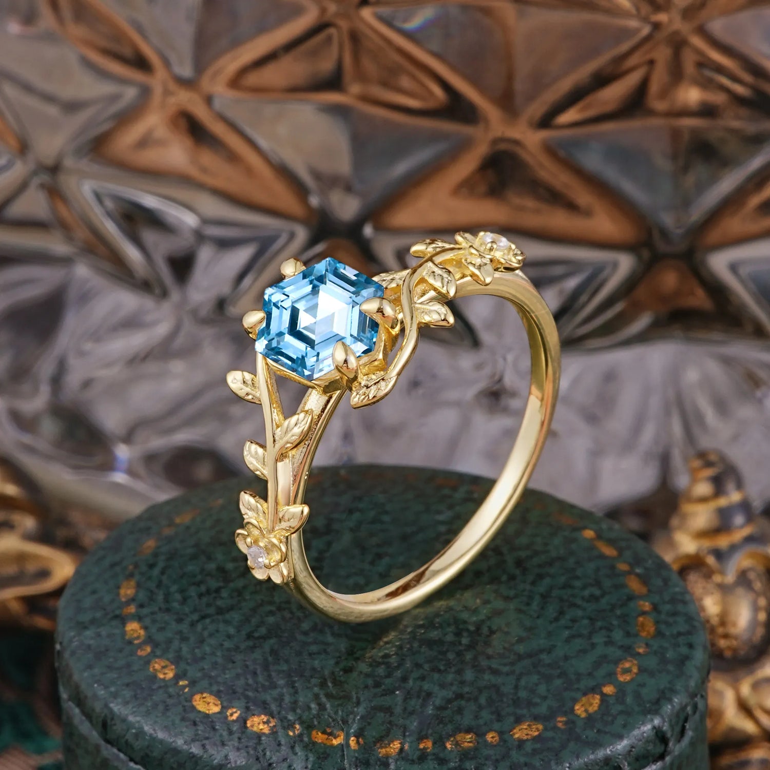Nature-Inspired Vine-Wrapped 4-Prong Hexagon-Cut Aquamarine Engagement Ring