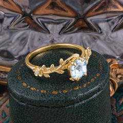 Nature-Inspired Vine-Wrapped 4-Prong Hexagon-Cut Aquamarine Engagement Ring