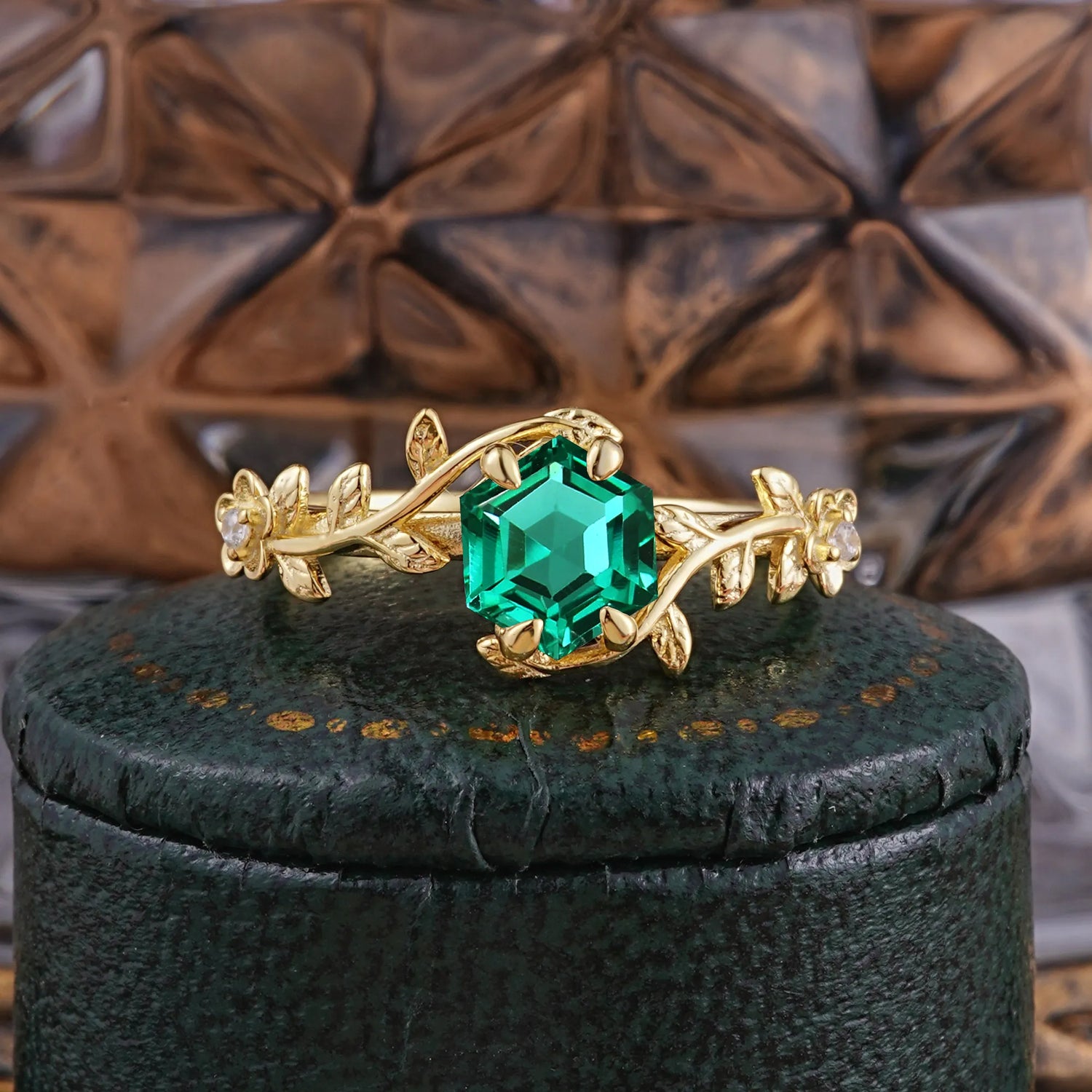 Nature-Inspired Vine-Wrapped 4-Prong Hexagon-Cut Emerald Engagement Ring - Romalar Jewelry