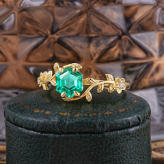 Nature-Inspired Vine-Wrapped 4-Prong Hexagon-Cut Emerald Engagement Ring