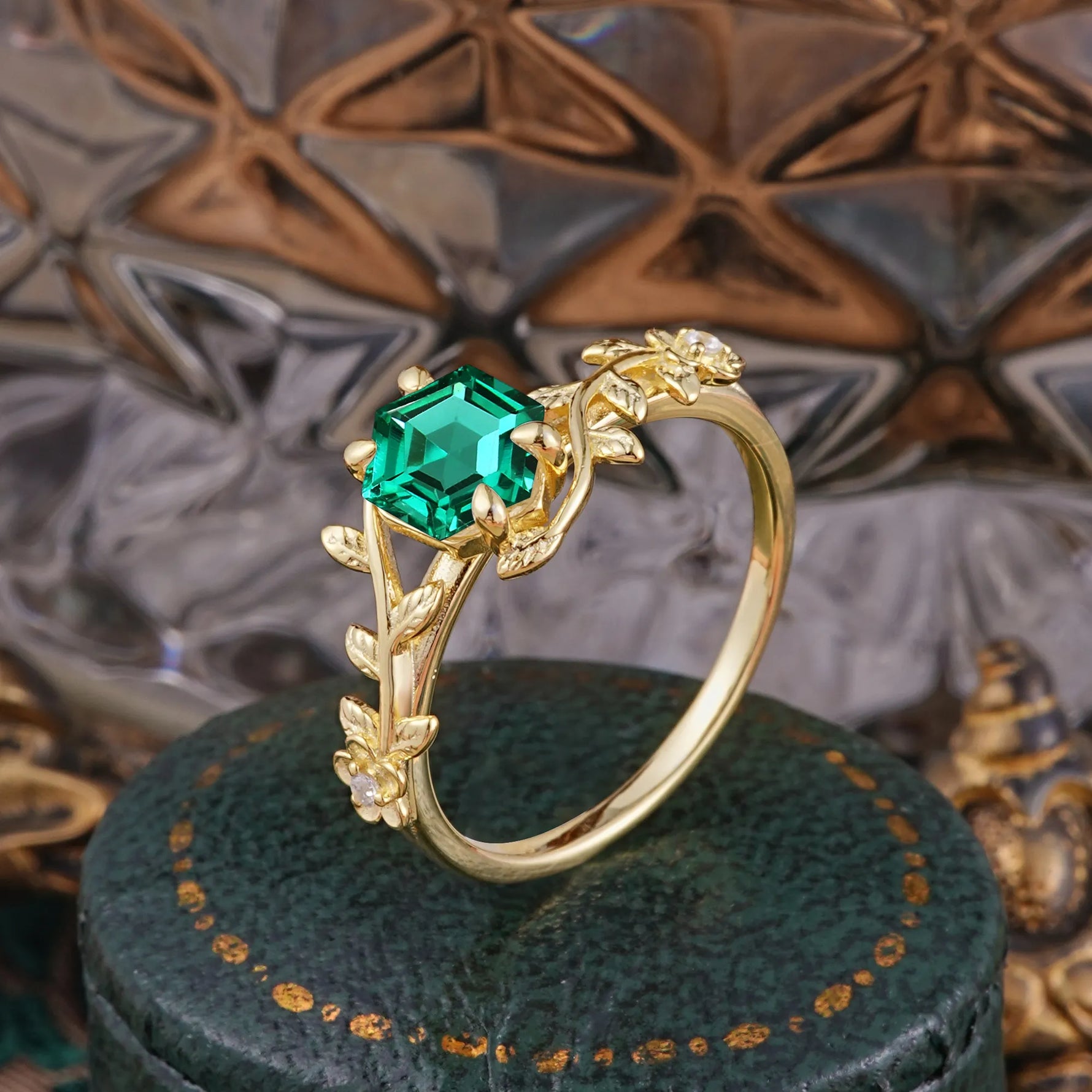 Nature-Inspired Vine-Wrapped 4-Prong Hexagon-Cut Emerald Engagement Ring - Romalar Jewelry