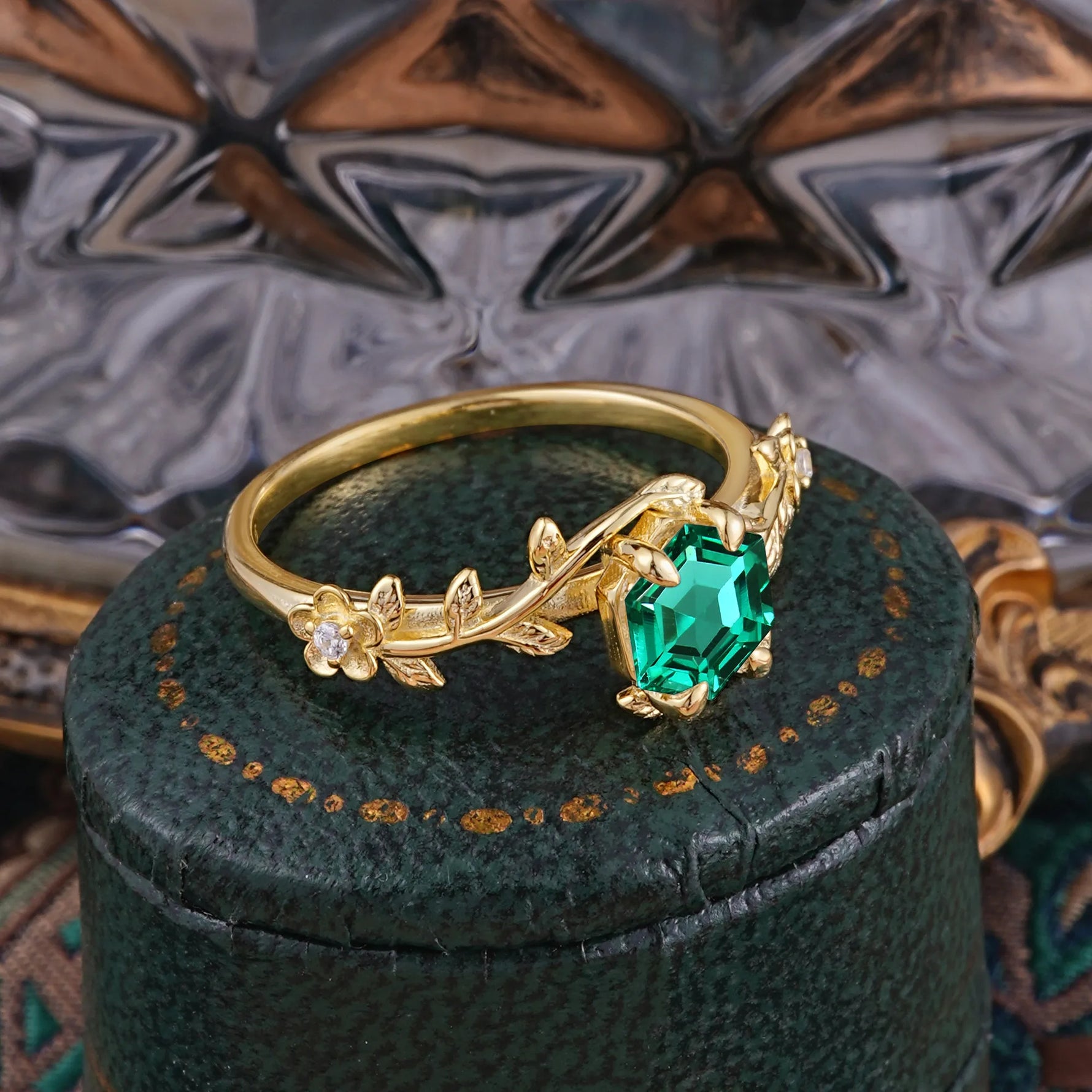 Nature-Inspired Vine-Wrapped 4-Prong Hexagon-Cut Emerald Engagement Ring - Romalar Jewelry