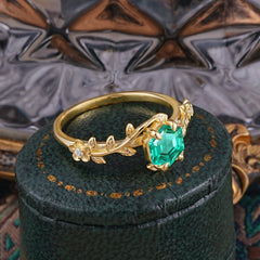 Nature-Inspired Vine-Wrapped 4-Prong Hexagon-Cut Emerald Engagement Ring