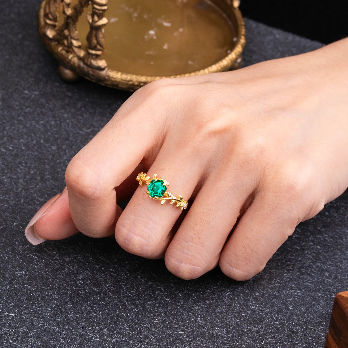 Nature-Inspired Vine-Wrapped 4-Prong Hexagon-Cut Emerald Engagement Ring - Romalar Jewelry