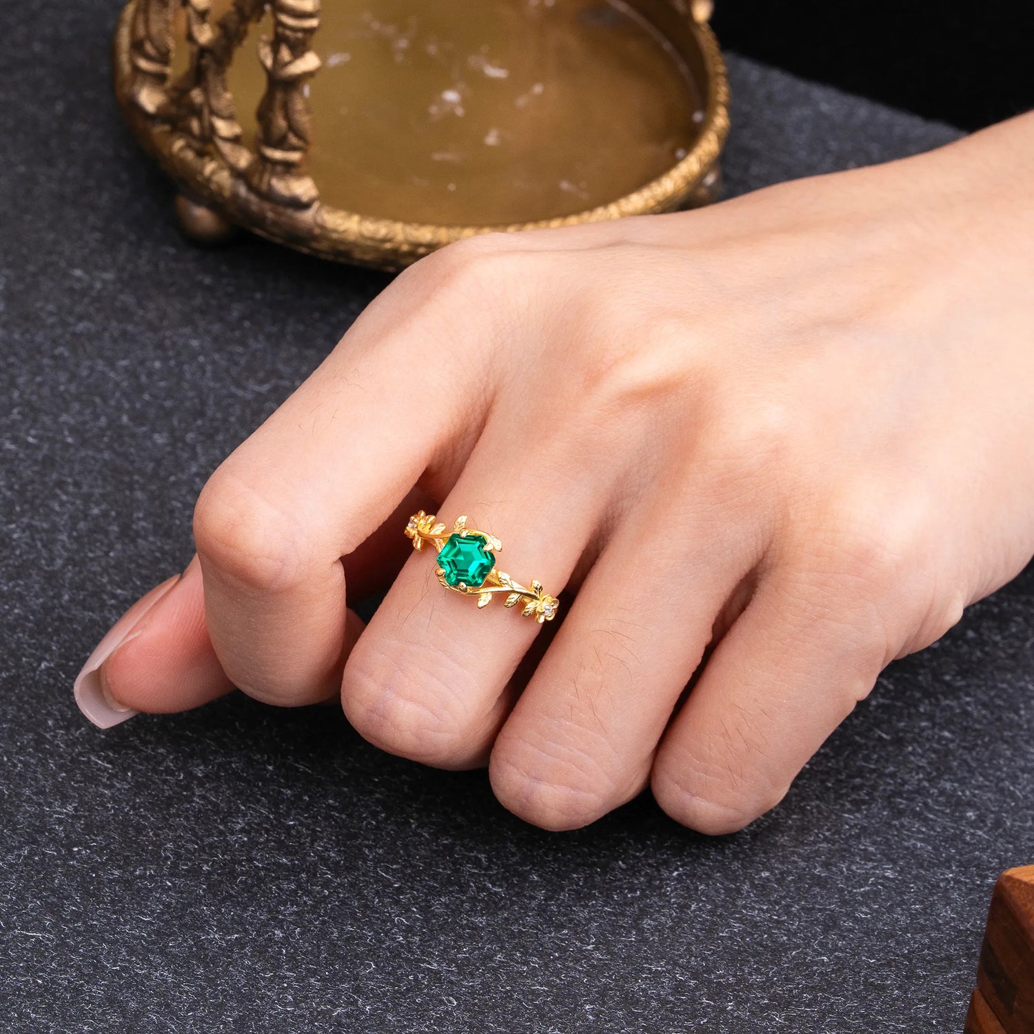 Nature-Inspired Vine-Wrapped 4-Prong Hexagon-Cut Emerald Engagement Ring - Romalar Jewelry