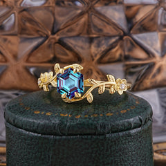 Nature-Inspired Vine-Wrapped 4-Prong Hexagon-Cut Alexandrite Engagement Ring