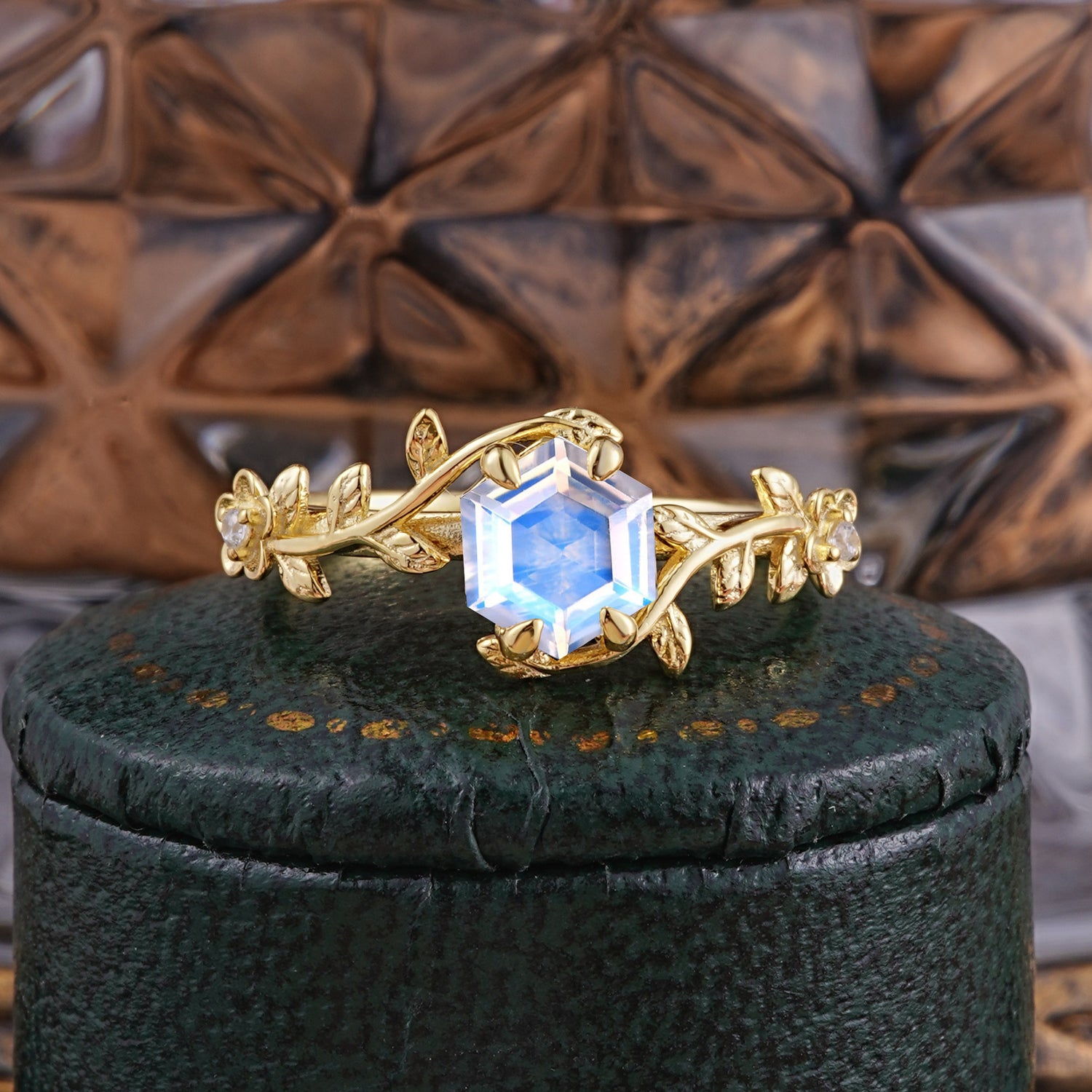 Nature-Inspired Vine-Wrapped 4-Prong Hexagon-Cut Moonstone Engagement Ring - Romalar Jewelry