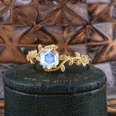 Nature-Inspired Vine-Wrapped 4-Prong Hexagon-Cut Moonstone Engagement Ring