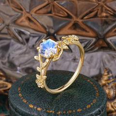 Nature-Inspired Vine-Wrapped 4-Prong Hexagon-Cut Moonstone Engagement Ring