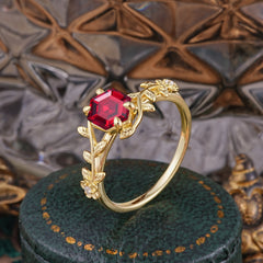 Nature-Inspired Vine-Wrapped 4-Prong Hexagon-Cut Ruby Engagement Ring