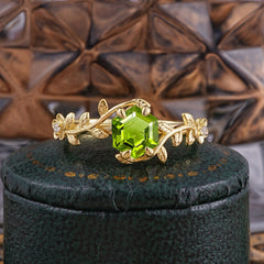 Nature-Inspired Vine-Wrapped 4-Prong Hexagon-Cut Peridot Engagement Ring