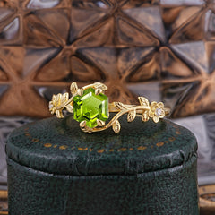 Nature-Inspired Vine-Wrapped 4-Prong Hexagon-Cut Peridot Engagement Ring