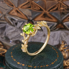 Nature-Inspired Vine-Wrapped 4-Prong Hexagon-Cut Peridot Engagement Ring
