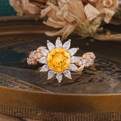 Nature-Inspired Sunflower 4-Prong Round Cut Citrine Engagement Ring
