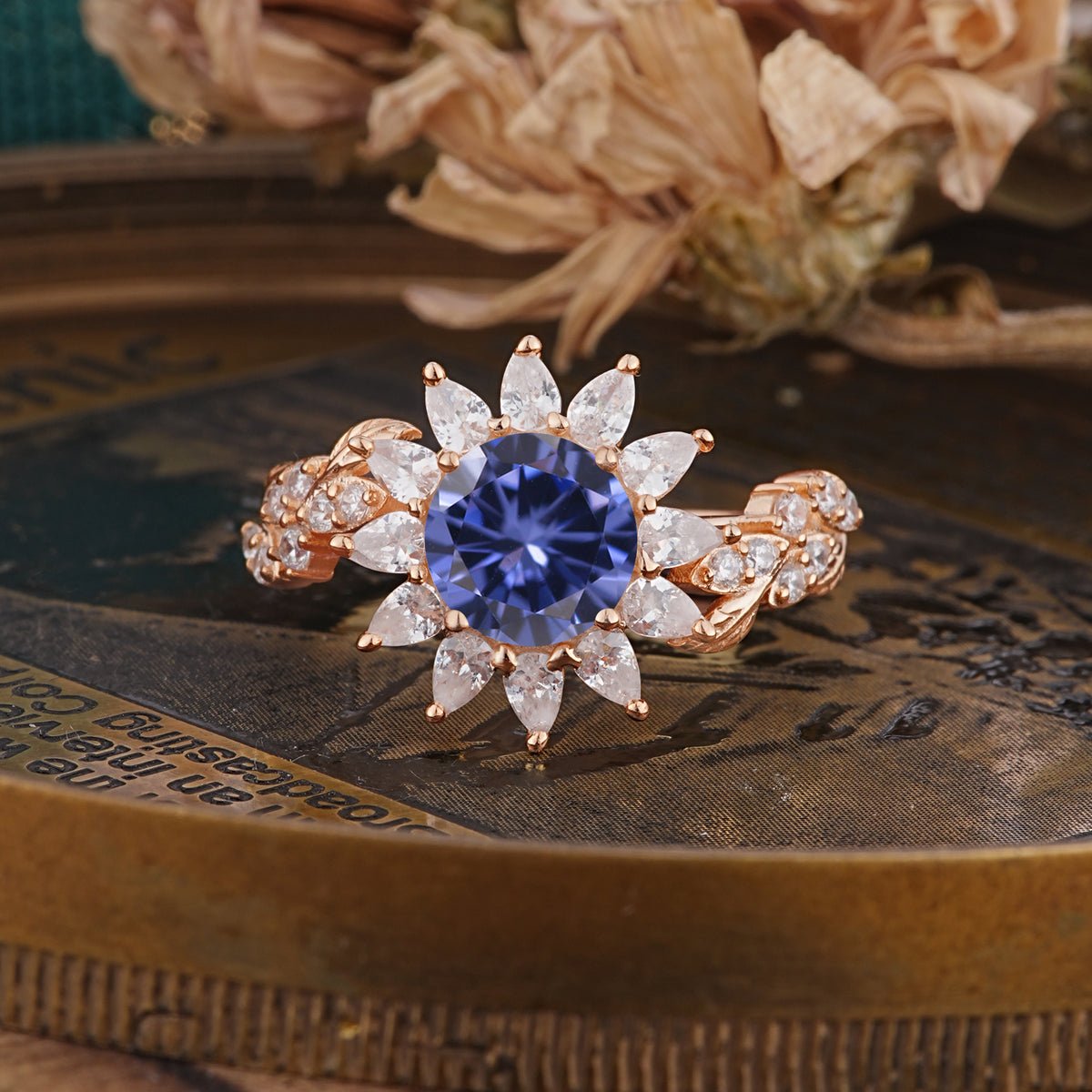 Nature-Inspired Sunflower 4-Prong Round Cut Tanzanite Engagement Ring     - Additional view