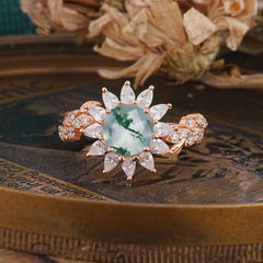 Nature-Inspired Sunflower 4-Prong Round Cut Natural Moss Agate Engagement Ring