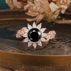 Nature-Inspired Sunflower 4-Prong Round Cut Black Onyx Engagement Ring