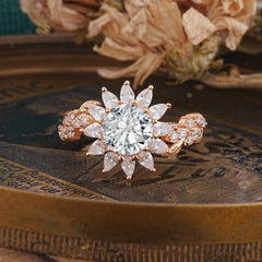 Nature-Inspired Sunflower 4-Prong Round Cut Lab Diamond Engagement Ring