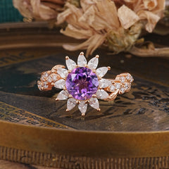 Nature-Inspired Sunflower 4-Prong Round Cut Amethyst Engagement Ring