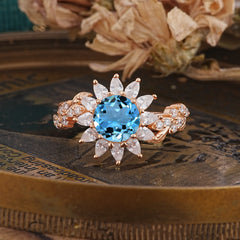 Nature-Inspired Sunflower 4-Prong Round Cut Aquamarine Engagement Ring