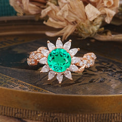 Nature-Inspired Sunflower 4-Prong Round Cut Emerald Engagement Ring