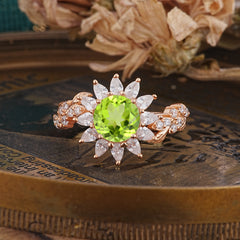 Nature-Inspired Sunflower 4-Prong Round Cut Peridot Engagement Ring