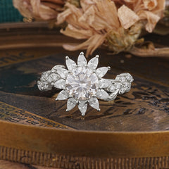 Nature-Inspired Sunflower 4-Prong Round Cut Moissanite Engagement Ring