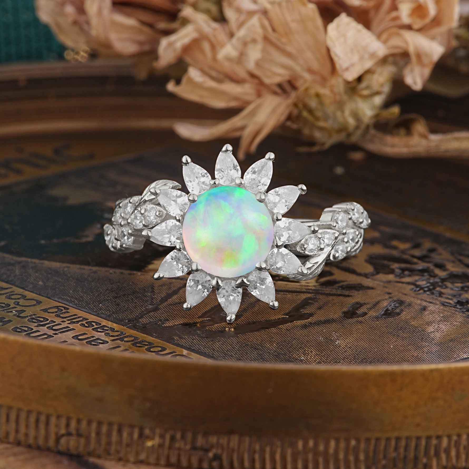 Nature-Inspired Sunflower 4-Prong Round Cut Fire Opal Engagement Ring     - Additional view