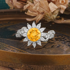 Nature-Inspired Sunflower 4-Prong Round Cut Citrine Engagement Ring