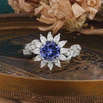 Nature-Inspired Sunflower 4-Prong Round Cut Tanzanite Engagement Ring     - Additional view