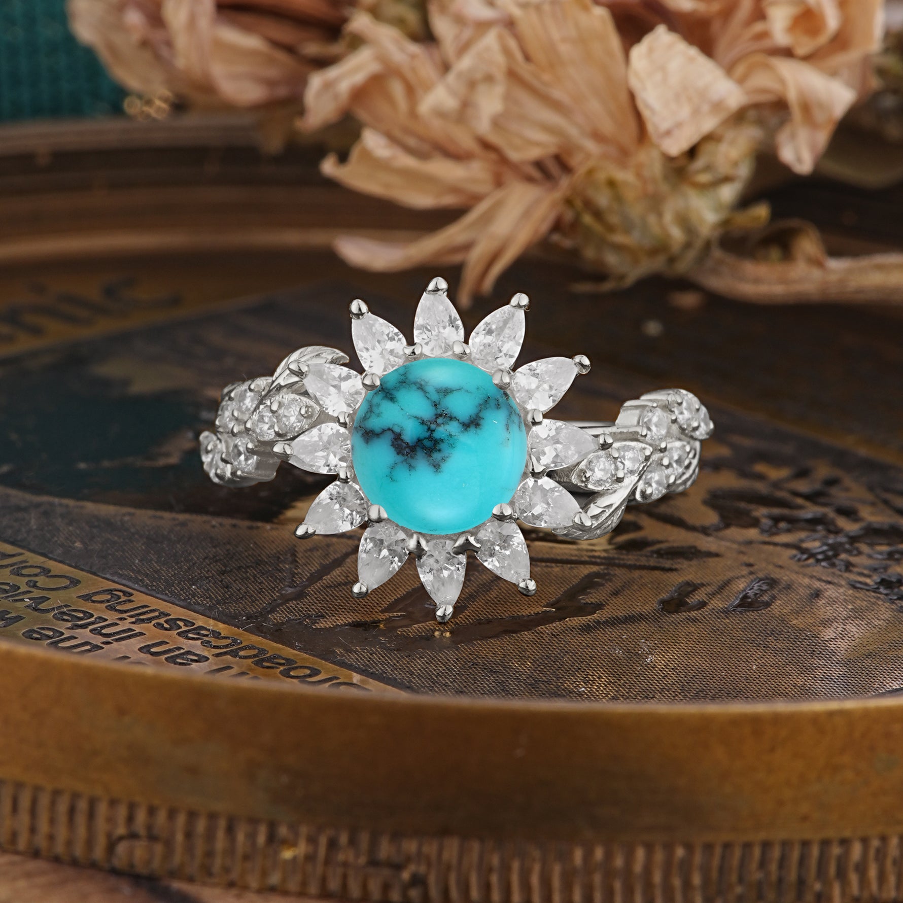 Nature-Inspired Sunflower 4-Prong Round Cut Turquoise Engagement Ring     - Additional view