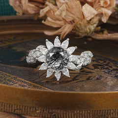 Nature-Inspired Sunflower 4-Prong Round Cut Black Rutilated Quartz Engagement Ring