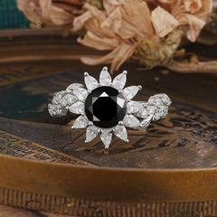 Nature-Inspired Sunflower 4-Prong Round Cut Black Onyx Engagement Ring
