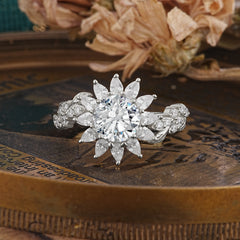 Nature-Inspired Sunflower 4-Prong Round Cut Lab Diamond Engagement Ring