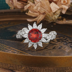 Nature-Inspired Sunflower 4-Prong Round Cut Garnet Engagement Ring