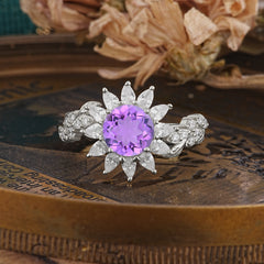 Nature-Inspired Sunflower 4-Prong Round Cut Amethyst Engagement Ring