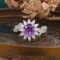 Nature-Inspired Sunflower 4-Prong Round Cut Amethyst Engagement Ring