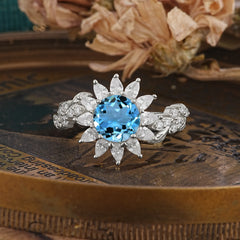 Nature-Inspired Sunflower 4-Prong Round Cut Aquamarine Engagement Ring