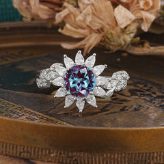 Nature-Inspired Sunflower 4-Prong Round Cut Alexandrite Engagement Ring
