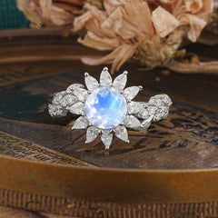 Nature-Inspired Sunflower 4-Prong Round Cut Moonstone Engagement Ring