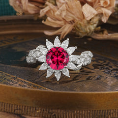 Nature-Inspired Sunflower 4-Prong Round Cut Ruby Engagement Ring