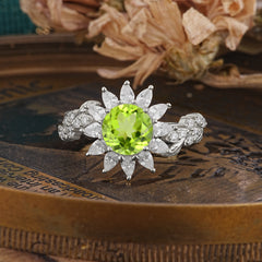 Nature-Inspired Sunflower 4-Prong Round Cut Peridot Engagement Ring