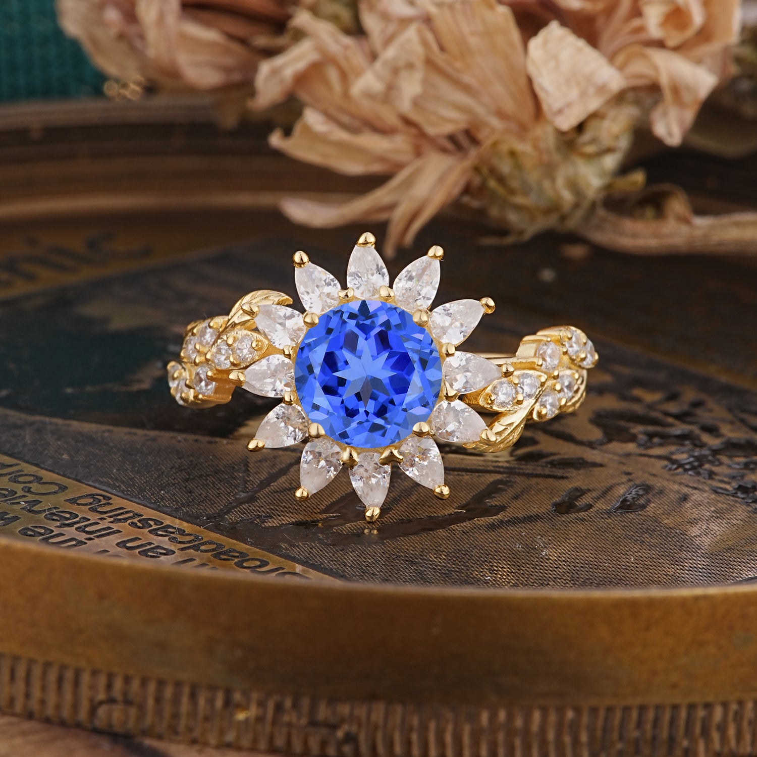 Nature-Inspired Sunflower 4-Prong Round Cut Sapphire Engagement Ring - Romalar Jewelry
