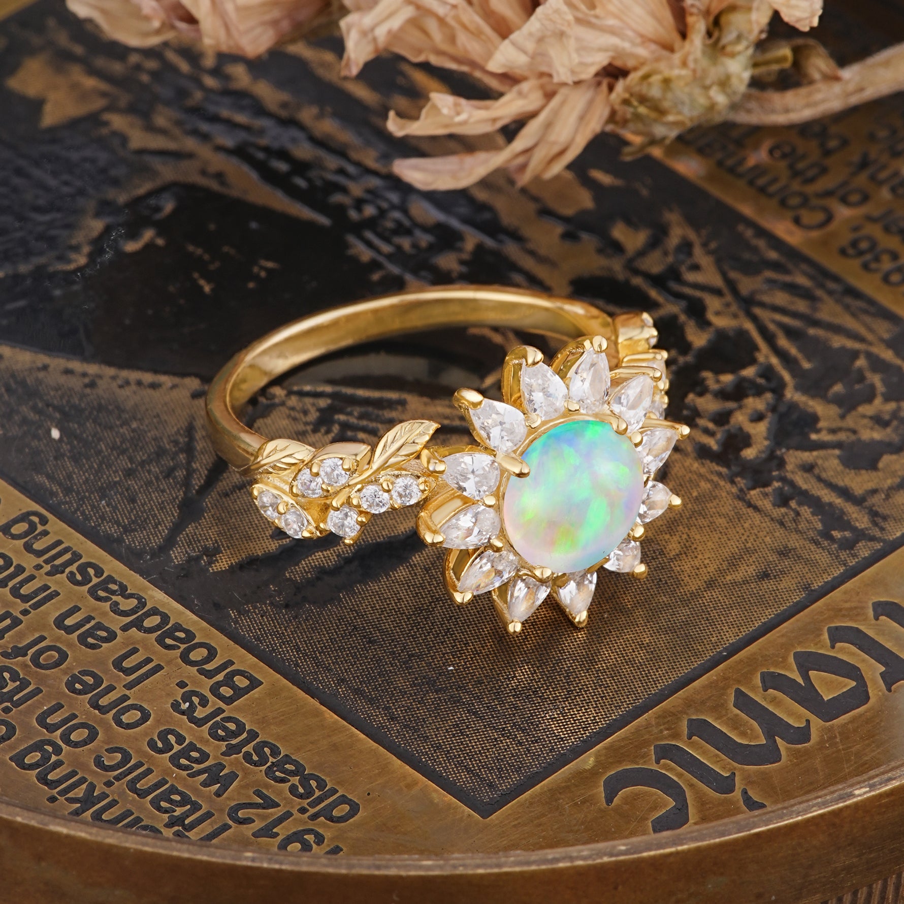 Nature-Inspired Sunflower 4-Prong Round Cut Fire Opal Engagement Ring     - Additional view