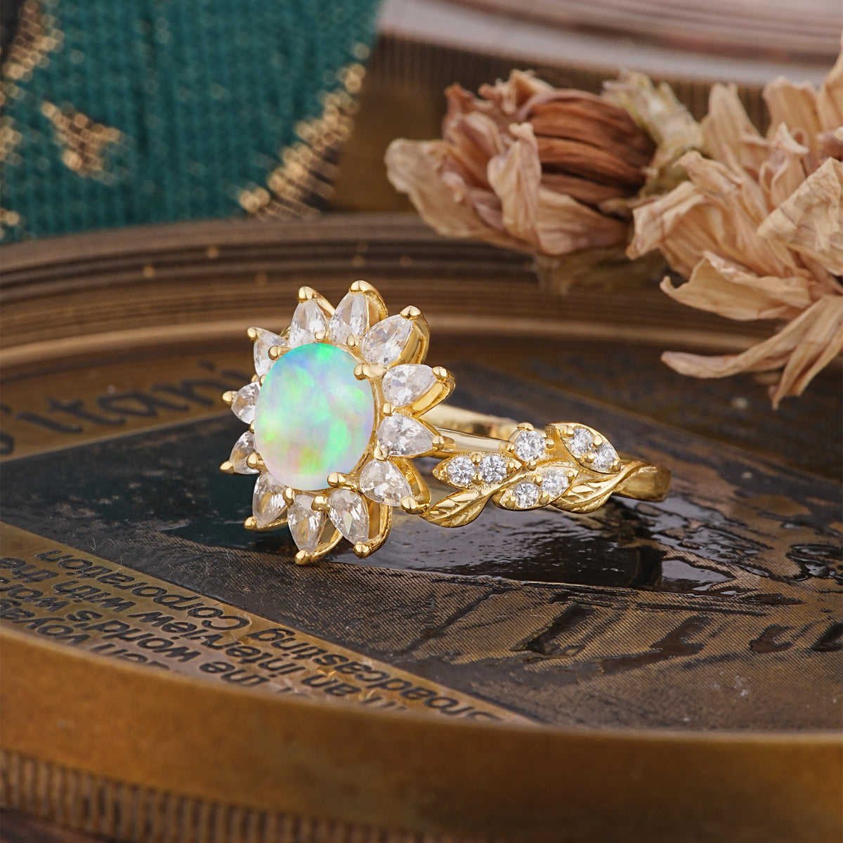 Nature-Inspired Sunflower 4-Prong Round Cut Fire Opal Engagement Ring     - Additional view