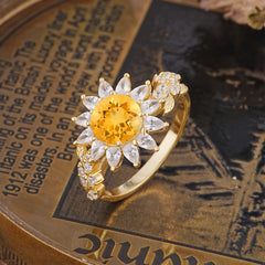 Nature-Inspired Sunflower 4-Prong Round Cut Citrine Engagement Ring