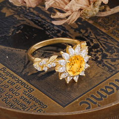 Nature-Inspired Sunflower 4-Prong Round Cut Citrine Engagement Ring