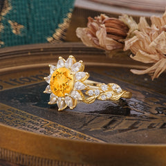 Nature-Inspired Sunflower 4-Prong Round Cut Citrine Engagement Ring